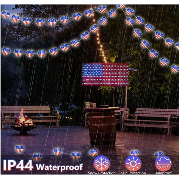 60 LED 2 Pack Red White and Blue Lights, 20 FT 4th of July Heart Flags Lights Re - Picture 4 of 7